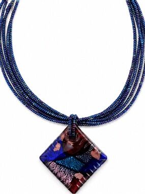 Handcrafted Blue Multi-Strand Beaded Necklace with Glass Pendant